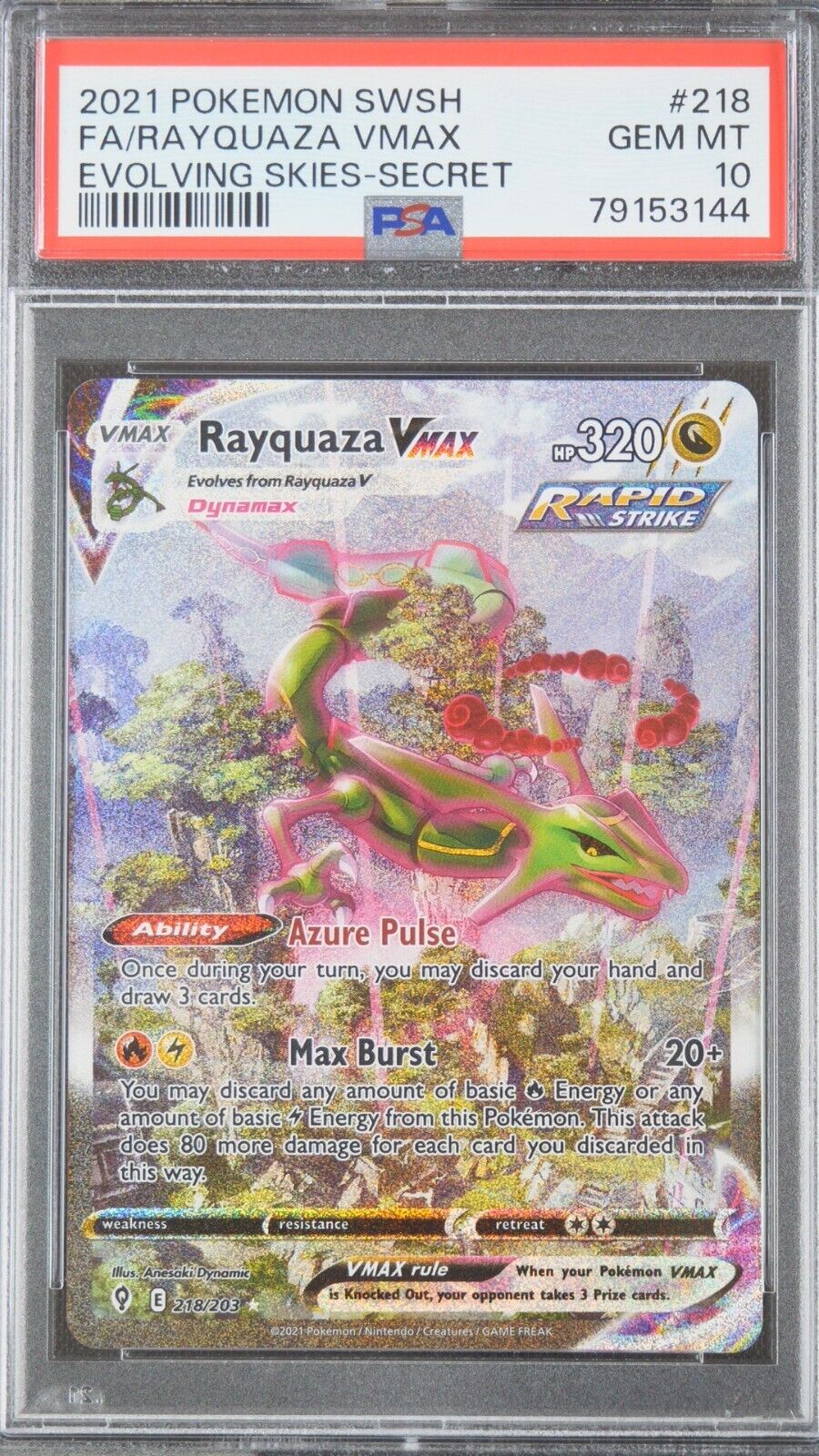 Pokemon TCG 2021 SWSH Evolving Skies Rayquaza Vmax 218203 PSA 10 Alt Art