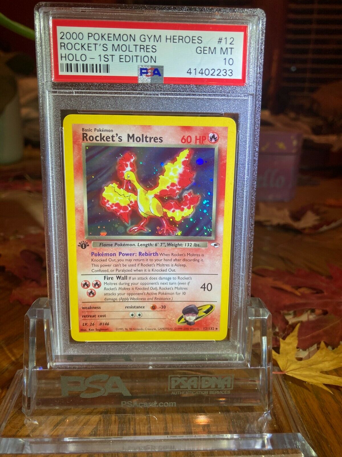 Pokemon Gym Heroes 1st edition  12132 Rockets Moltres holo card PSA 10