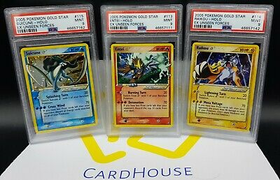 PSA 9 MINT Suicune Raikou Entei Gold Star Ex Unseen Forces Holo Pokemon 2005 X