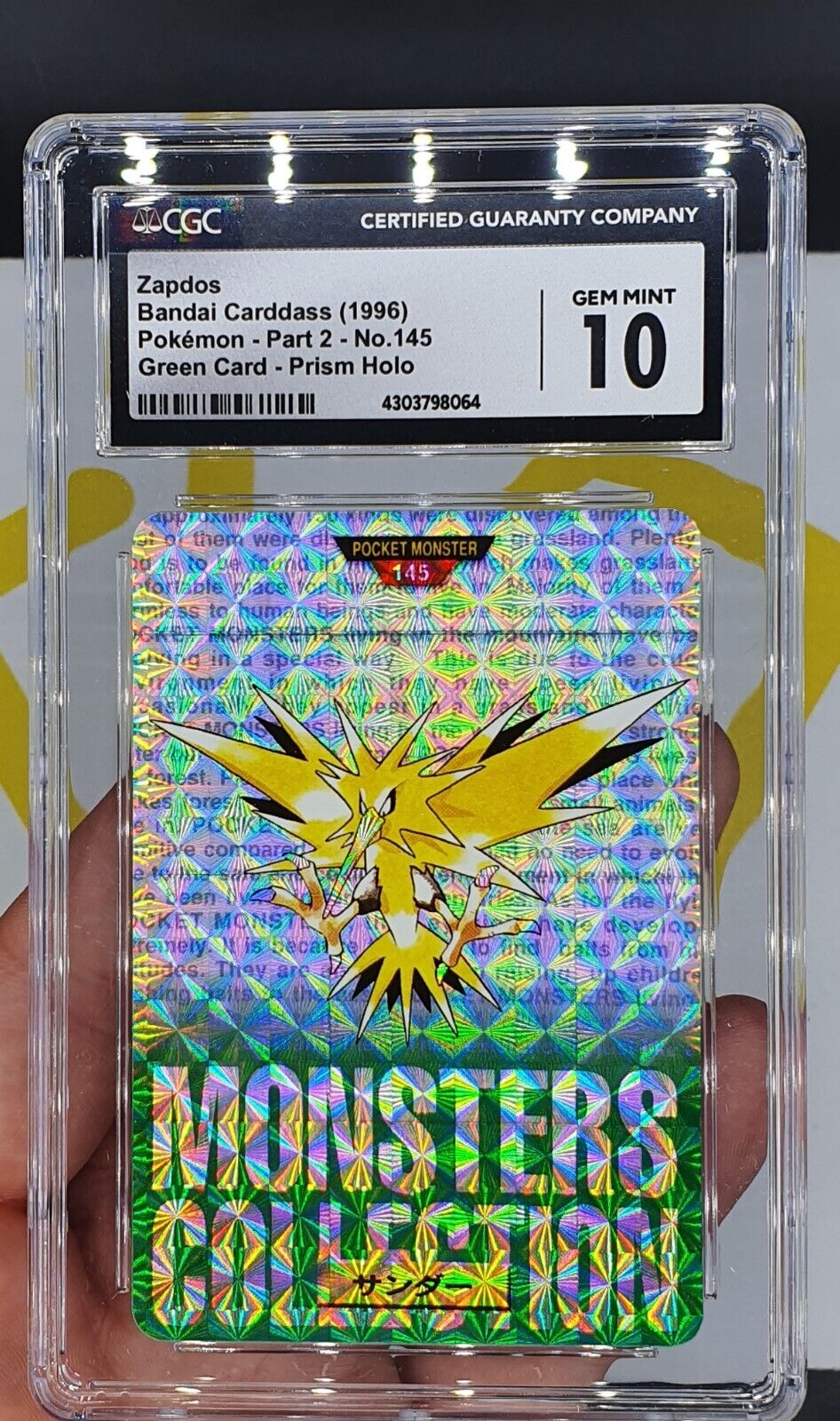CGC 10 GEM MINT Zapdos Carddass Bandai PRISM Vending Japanese 1996 Pokemon PSA