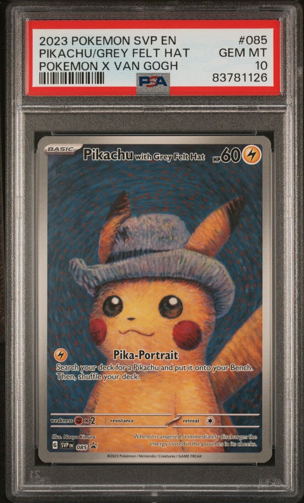 2023 Pokmon x Van Gogh Pikachu Grey Felt Hat 085 Promo PSA 10