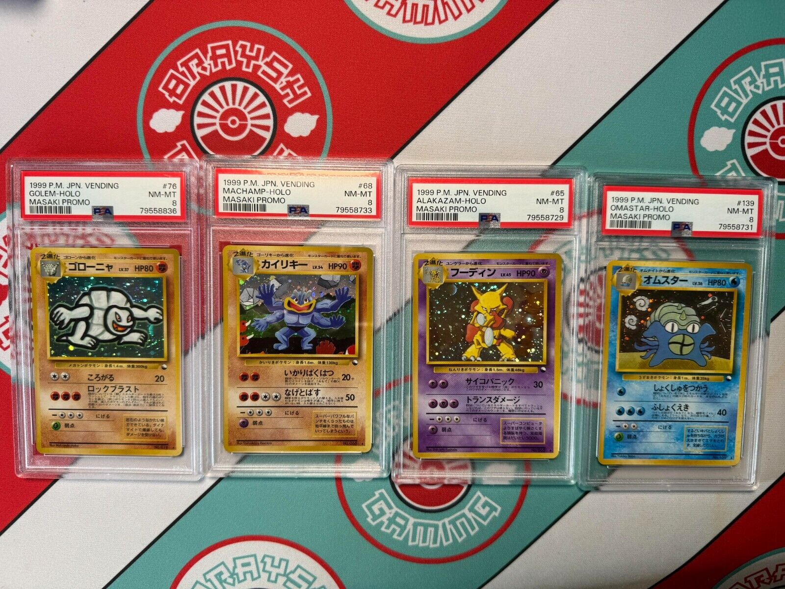 4 x PSA 8 1999 Masaki Japanese Pokemon Cards Alakazam Machamp Golem Omastar