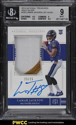 2018 National Treasures Holo Silver Lamar Jackson ROOKIE PATCH AUTO 2525 BGS 9