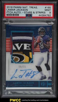 2018 National Treasures Stars Stripes Lamar Jackson ROOKIE PATCH AUTO 15 PSA 9