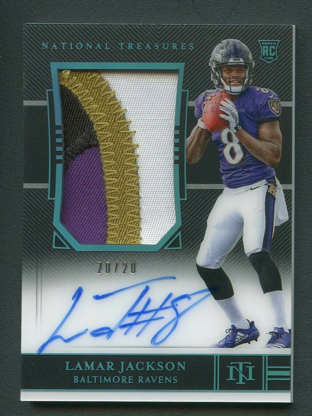 2018 National Treasures Lamar Jackson RPA RC Jumbo 4Color Patch AUTO 2020