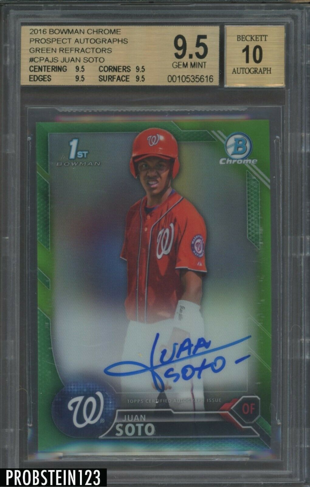 2016 Bowman Chrome Green Refractor Juan Soto RC Rookie 3099 BGS 95 w 10 AUTO