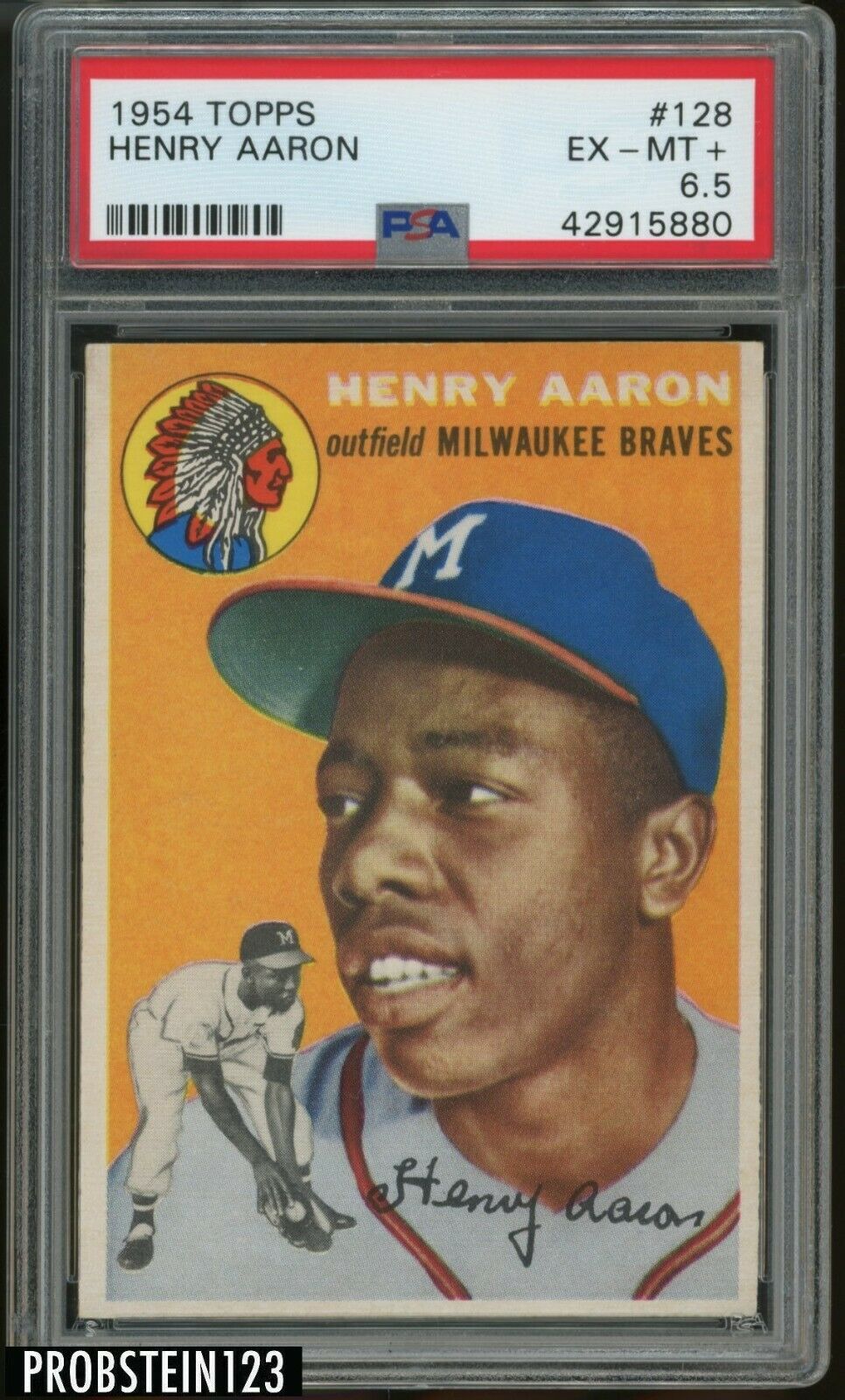 1954 Topps 128 Henry Hank Aaron Milwaukee Braves RC Rookie HOF PSA 65