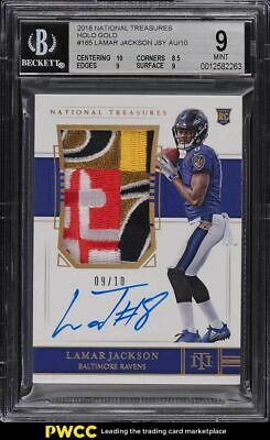 2018 National Treasures Holo Gold Lamar Jackson ROOKIE RC PATCH AUTO 10 BGS 9